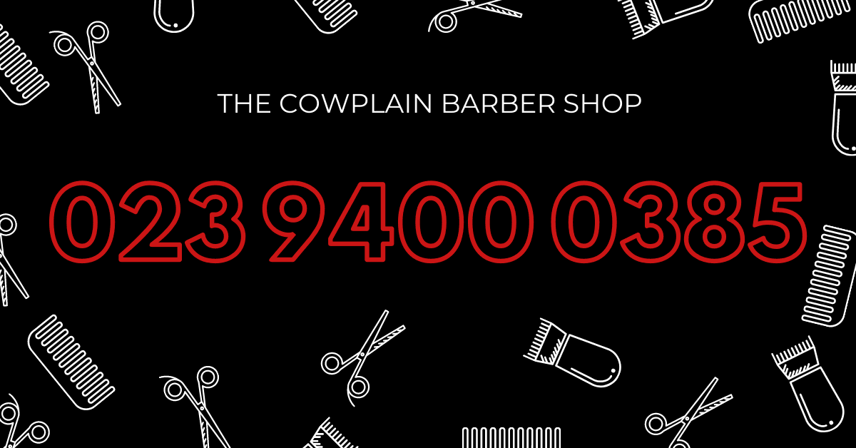 The Cowplain Barber Shop logo and phone number