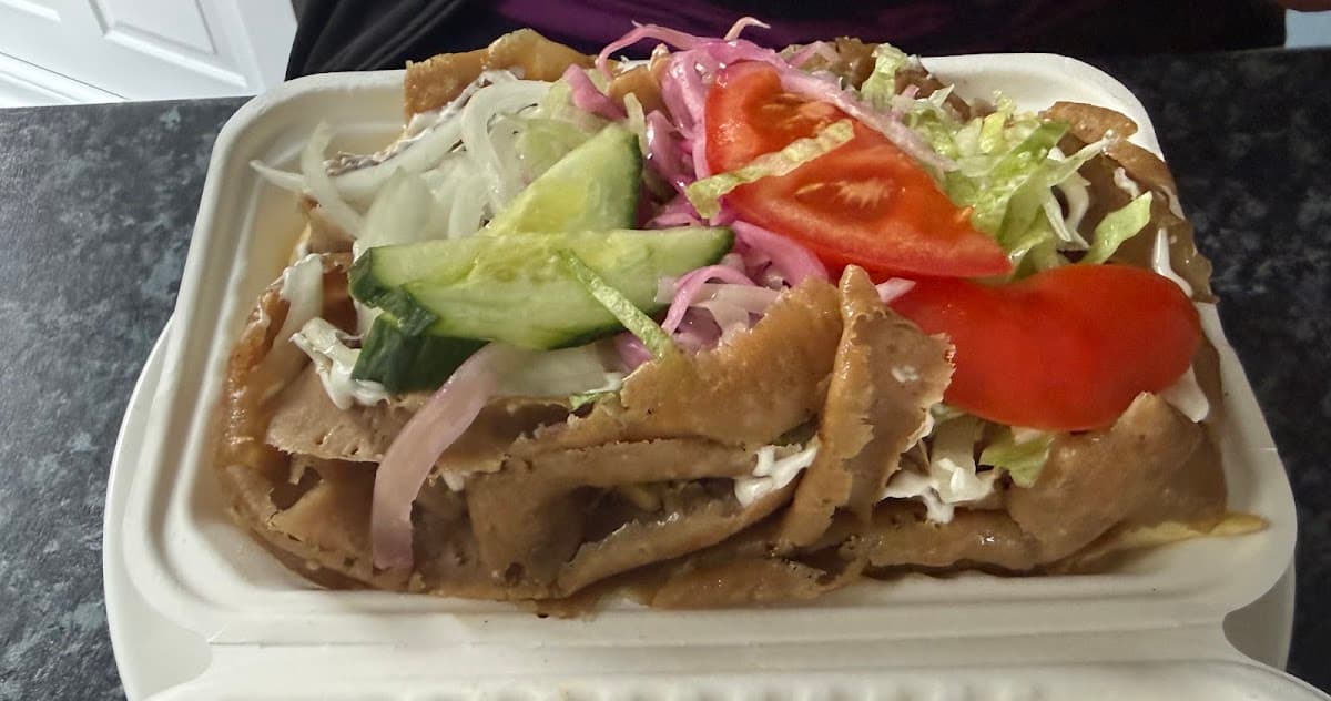 A loaded doner kebab box with salad from Kismet Kebab House, Horndean