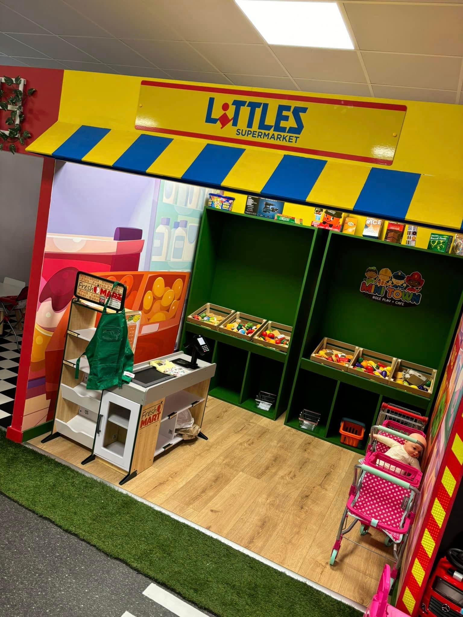 Mini Town Role Play's colourful indoor supermarket play area in Waterlooville